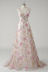 Glitzerndes Rosa Ballkleid mit Blumenmuster und V-Ausschnitt