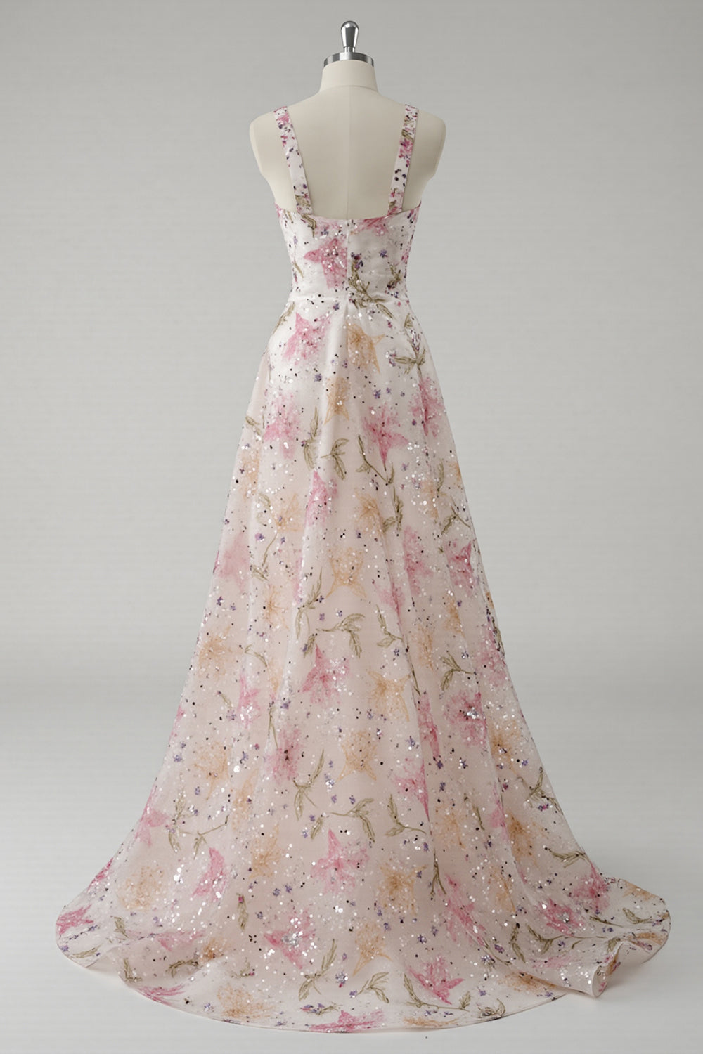 Glitzerndes Rosa Ballkleid mit Blumenmuster und V-Ausschnitt
