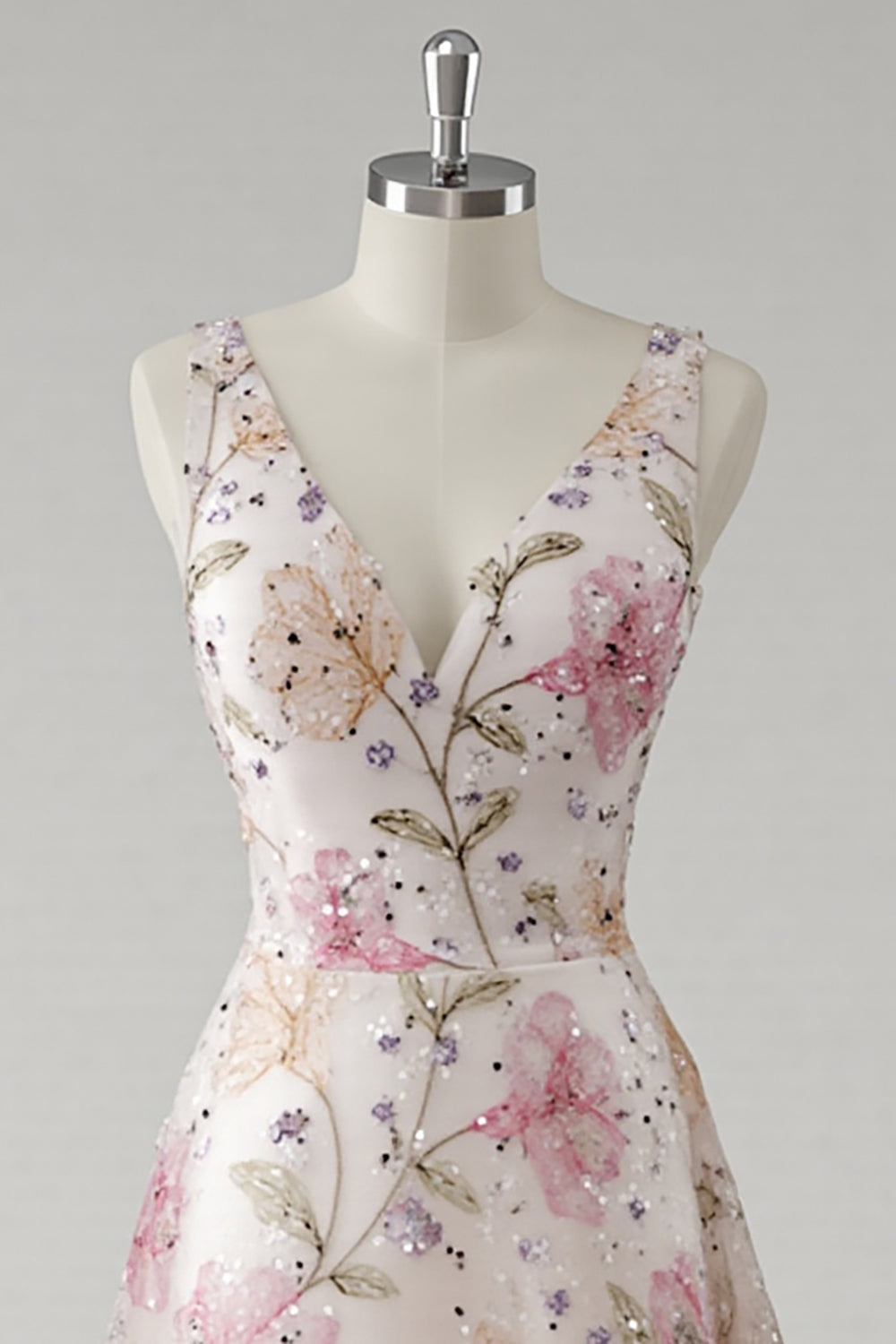 Glitzerndes Rosa Ballkleid mit Blumenmuster und V-Ausschnitt
