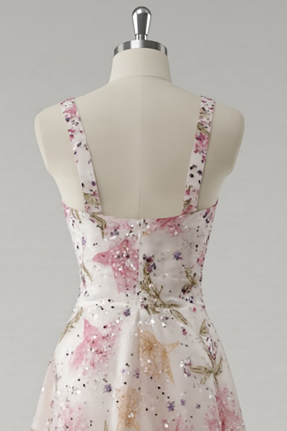 Glitzerndes Rosa Ballkleid mit Blumenmuster und V-Ausschnitt
