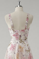 Glitzerndes Rosa Ballkleid mit Blumenmuster und V-Ausschnitt
