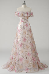 Schulterfreies Rosa Geblümtes Ballkleid mit Pailletten