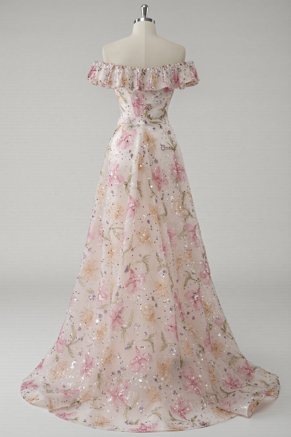 Schulterfreies Rosa Geblümtes Ballkleid mit Pailletten