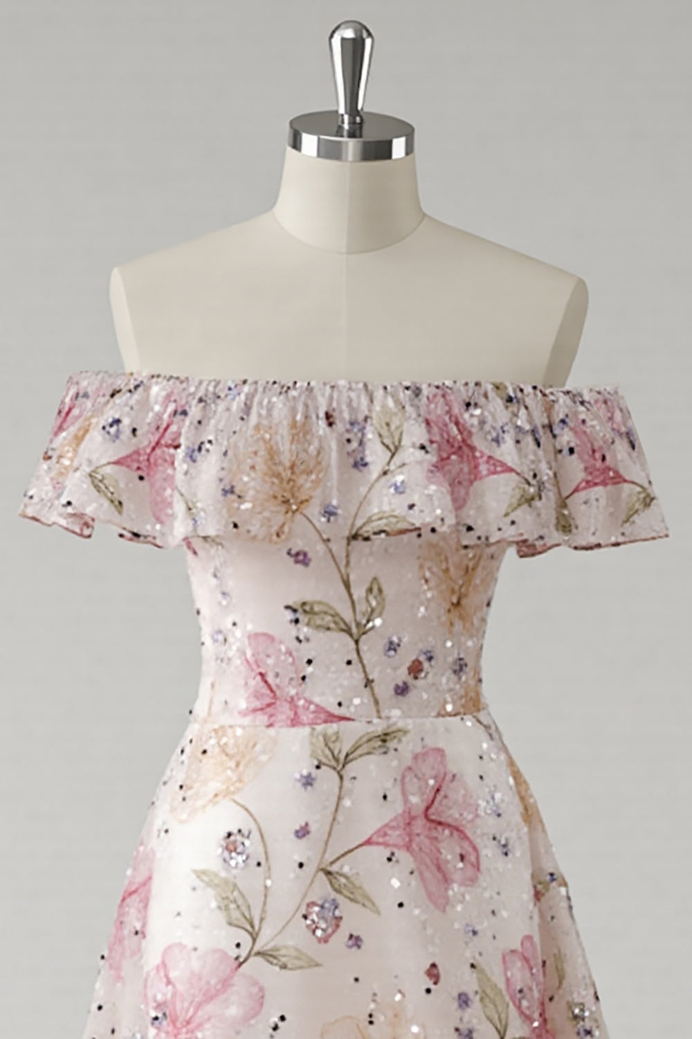 Schulterfreies Rosa Geblümtes Ballkleid mit Pailletten