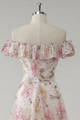 Schulterfreies Rosa Geblümtes Ballkleid mit Pailletten