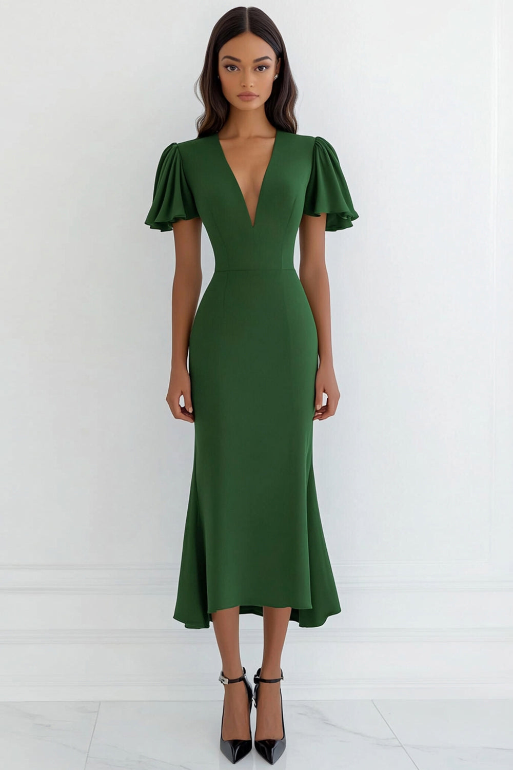 Grünes Midikleid mit V-Ausschnitt und Rüschen