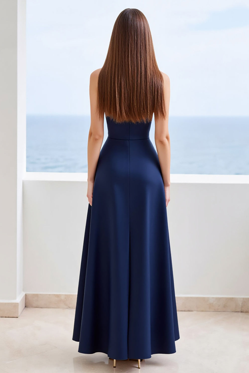 Marineblaues Herzausschnitt Satin A Linie Langes Abendkleid mit Schlitz