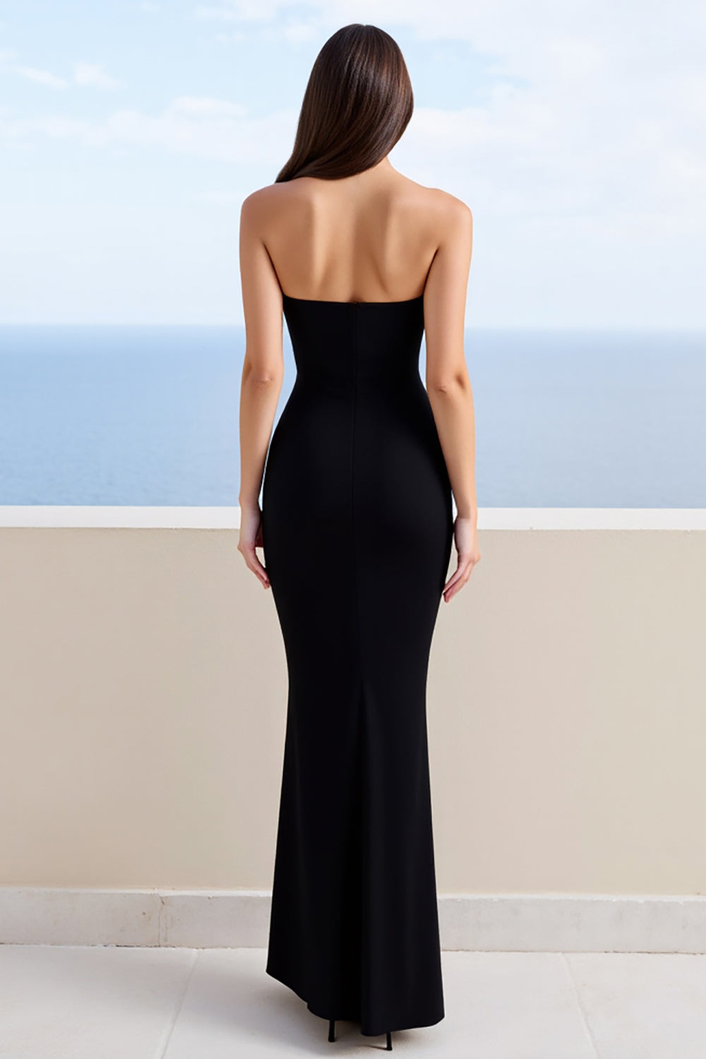 Schwarzes Satin Meerjungfrauen Trägerloses Langes Ballkleid mit Schlitz