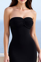 Schwarzes Satin Meerjungfrauen Trägerloses Langes Ballkleid mit Schlitz