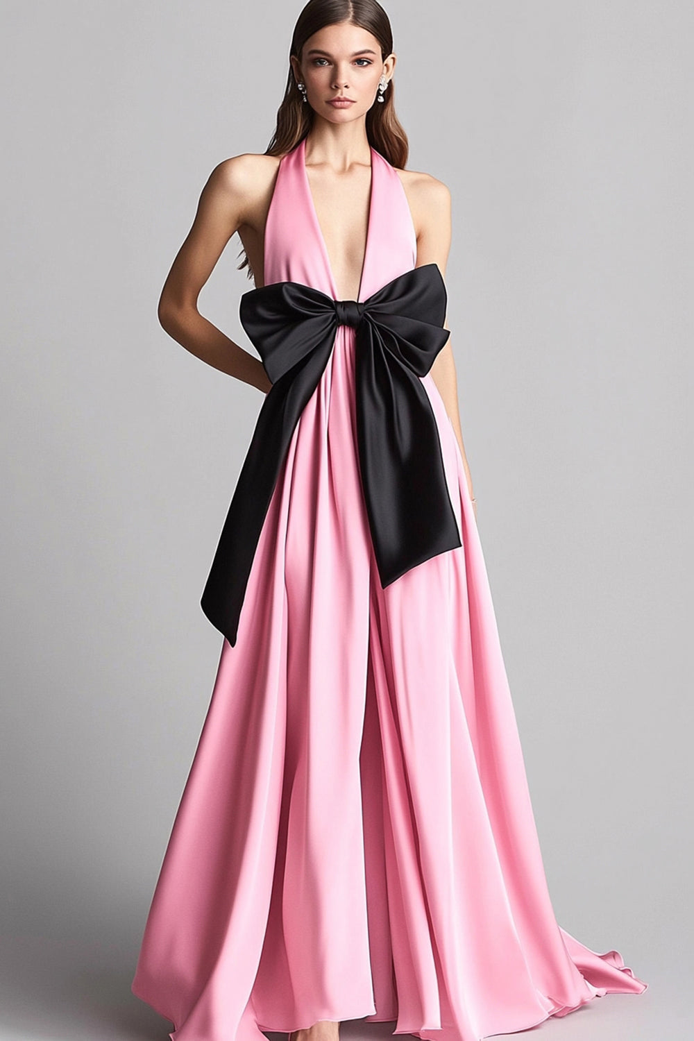 Rosa Satin Neckholder A Linie Langes Abendkleid mit Schleife