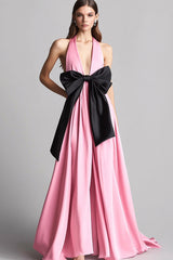Rosa Satin Neckholder A Linie Langes Abendkleid mit Schleife