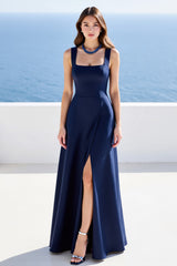 Marineblaues A-Linie Ballkleid aus Satin mit quadratischem Ausschnitt und Schlitz