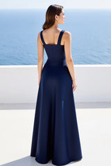 Marineblaues A-Linie Ballkleid aus Satin mit quadratischem Ausschnitt und Schlitz