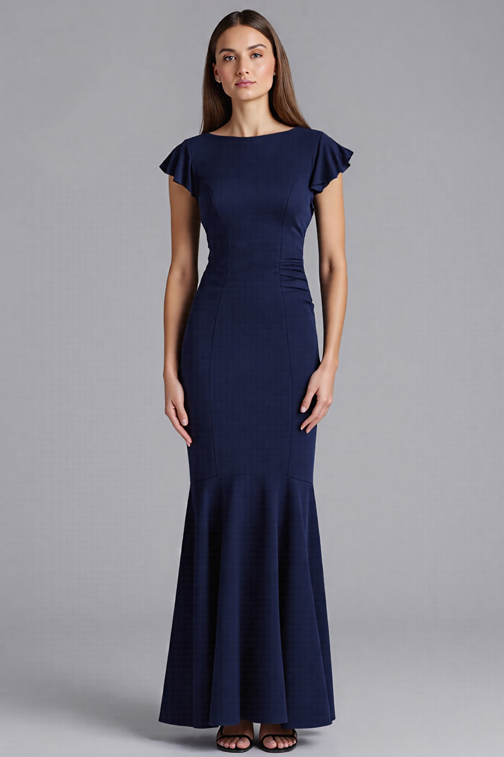 Marineblaues Meerjungfrauen Langes Ballkleid mit Flügelärmeln