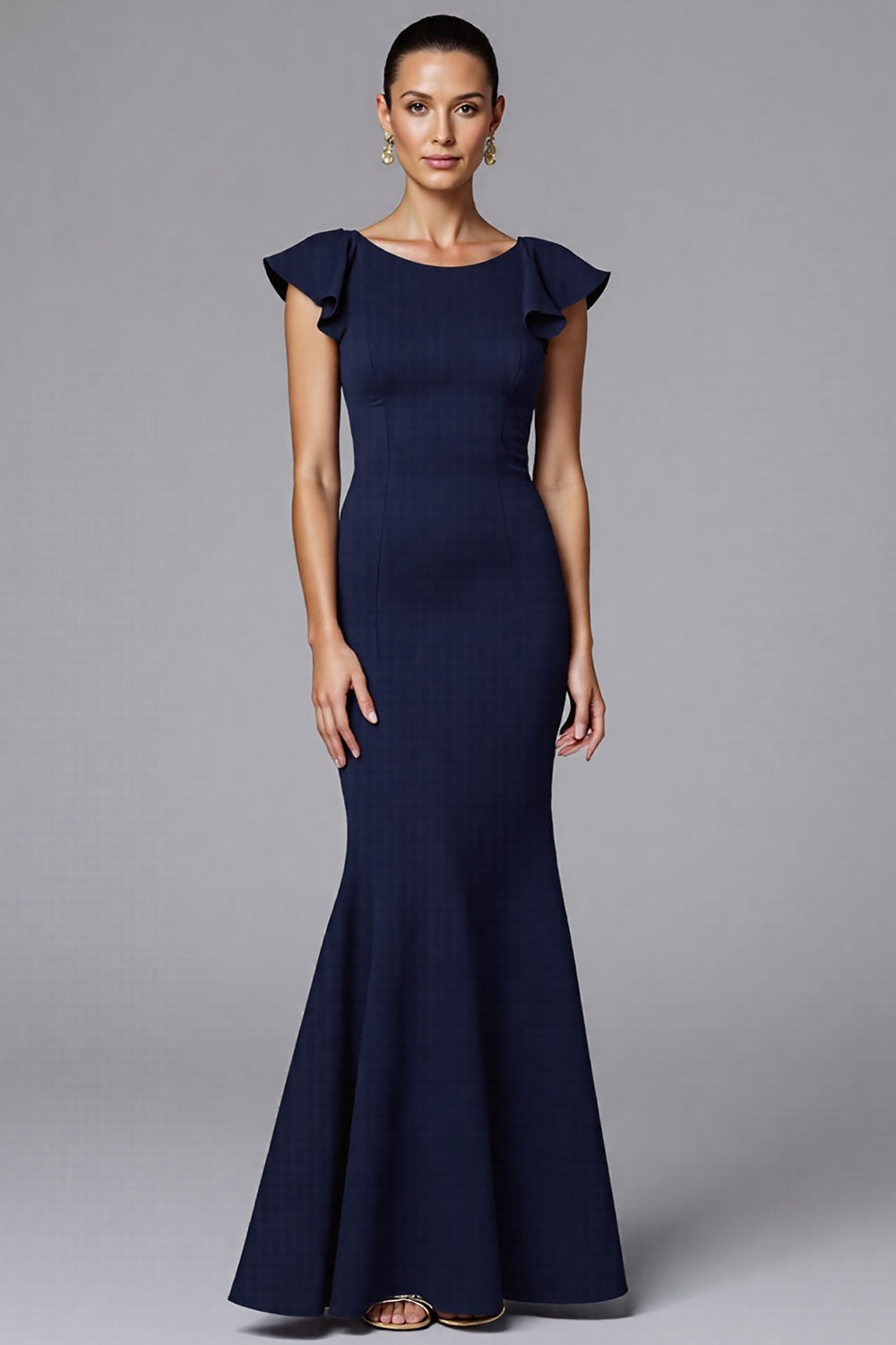Marineblaues Meerjungfrauen Ballkleid mit Rundhalsausschnitt und Rüschen