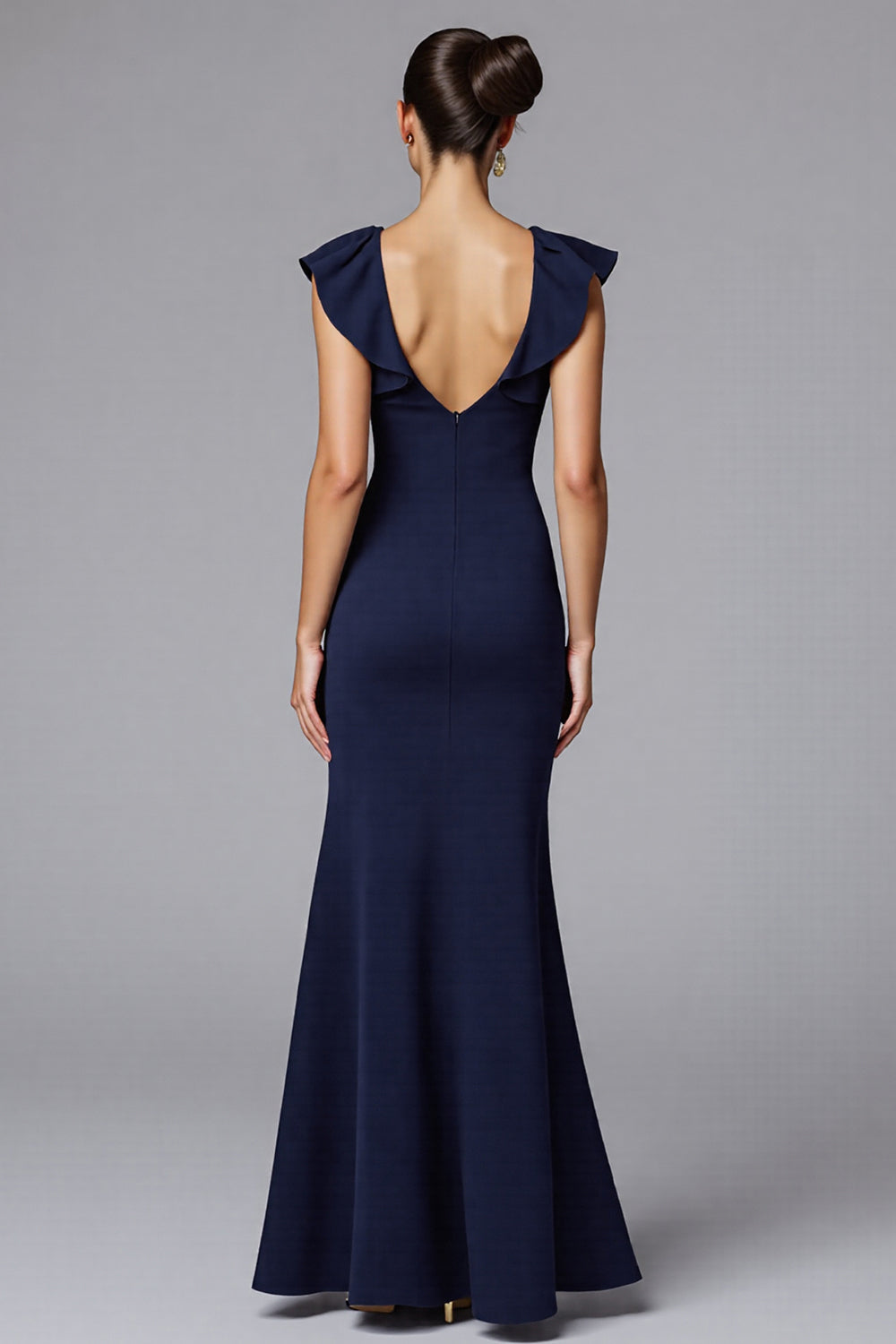 Marineblaues Meerjungfrauen Ballkleid mit Rundhalsausschnitt und Rüschen