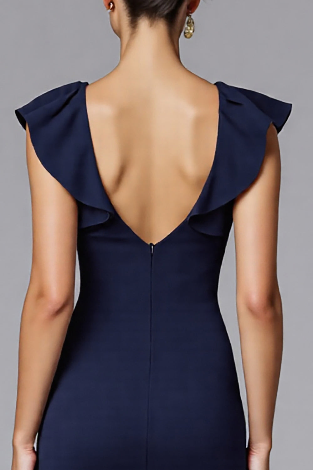 Marineblaues Meerjungfrauen Ballkleid mit Rundhalsausschnitt und Rüschen