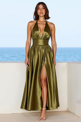 Olive A-Linie Satin Ballkleid mit tiefem V-Ausschnitt und Schlitz