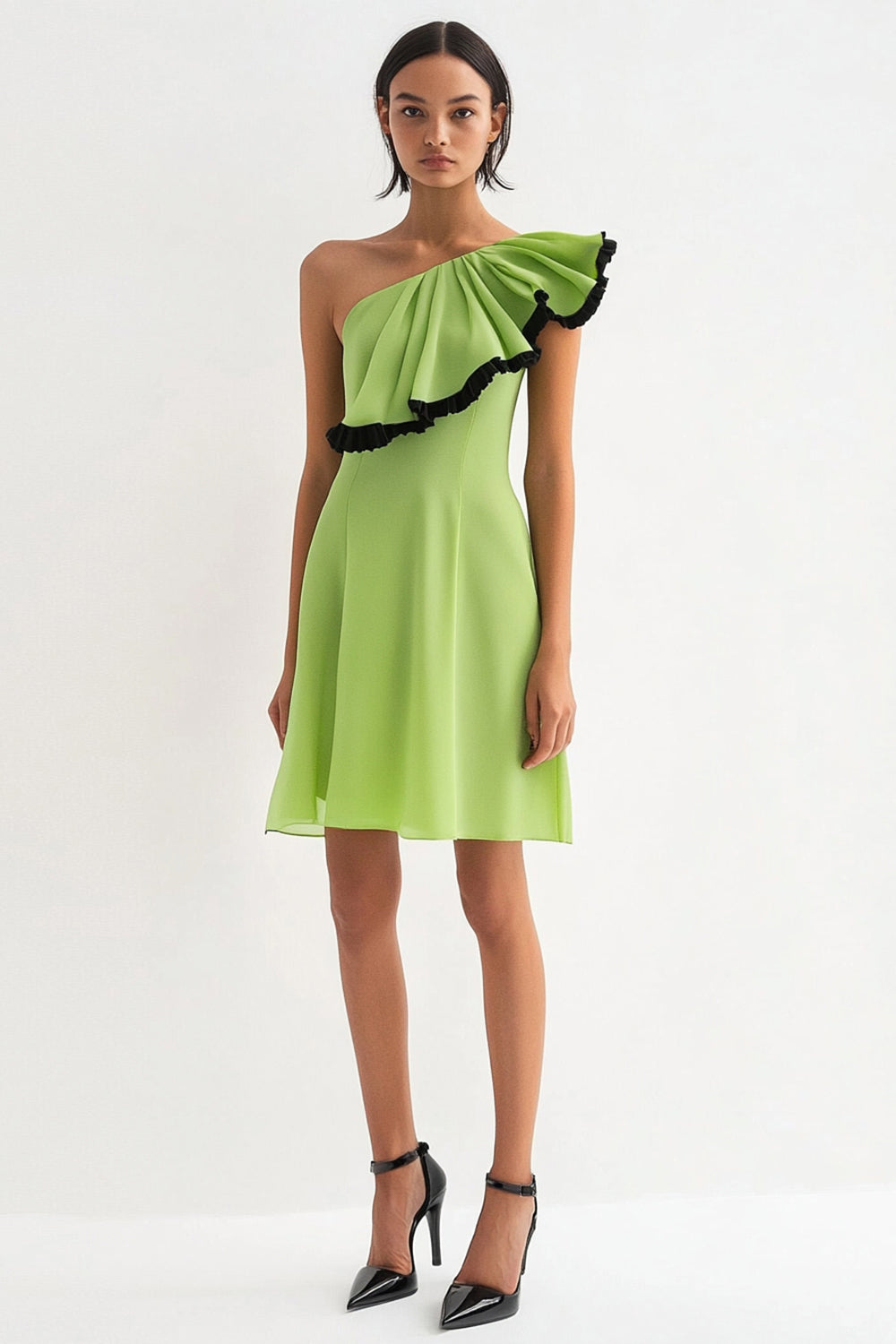 Zitronengrünes A Linie Ein Schulter Chiffon Kurzes Ballkleid mit Rüschen