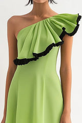 Zitronengrünes A Linie Ein Schulter Chiffon Kurzes Ballkleid mit Rüschen