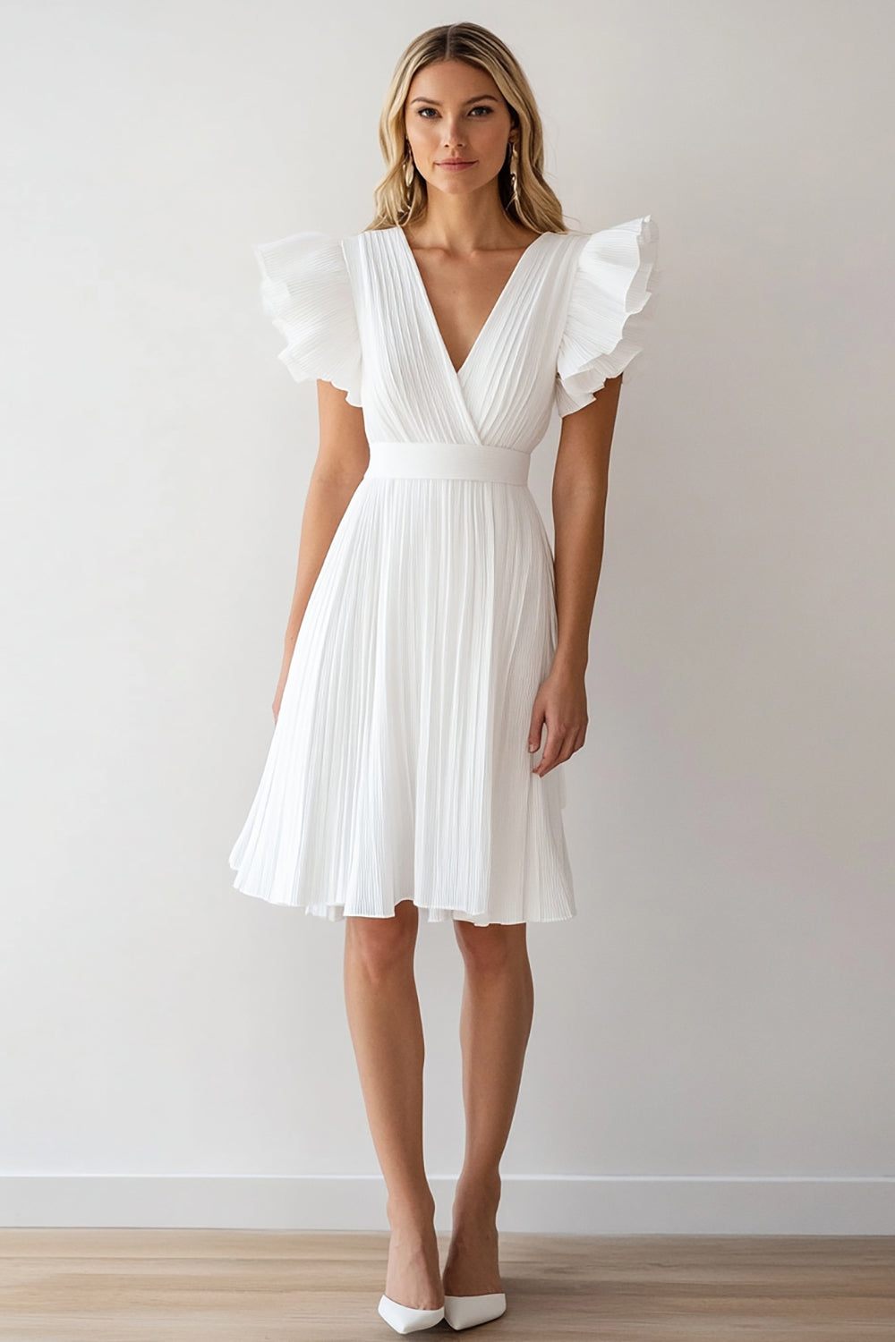 Elfenbein Chiffon A-Linie Plissee Kurzes Standesamtkleid mit Rüschen
