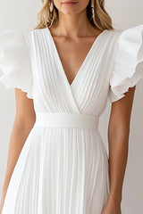 Elfenbein Chiffon A-Linie Plissee Kurzes Standesamtkleid mit Rüschen