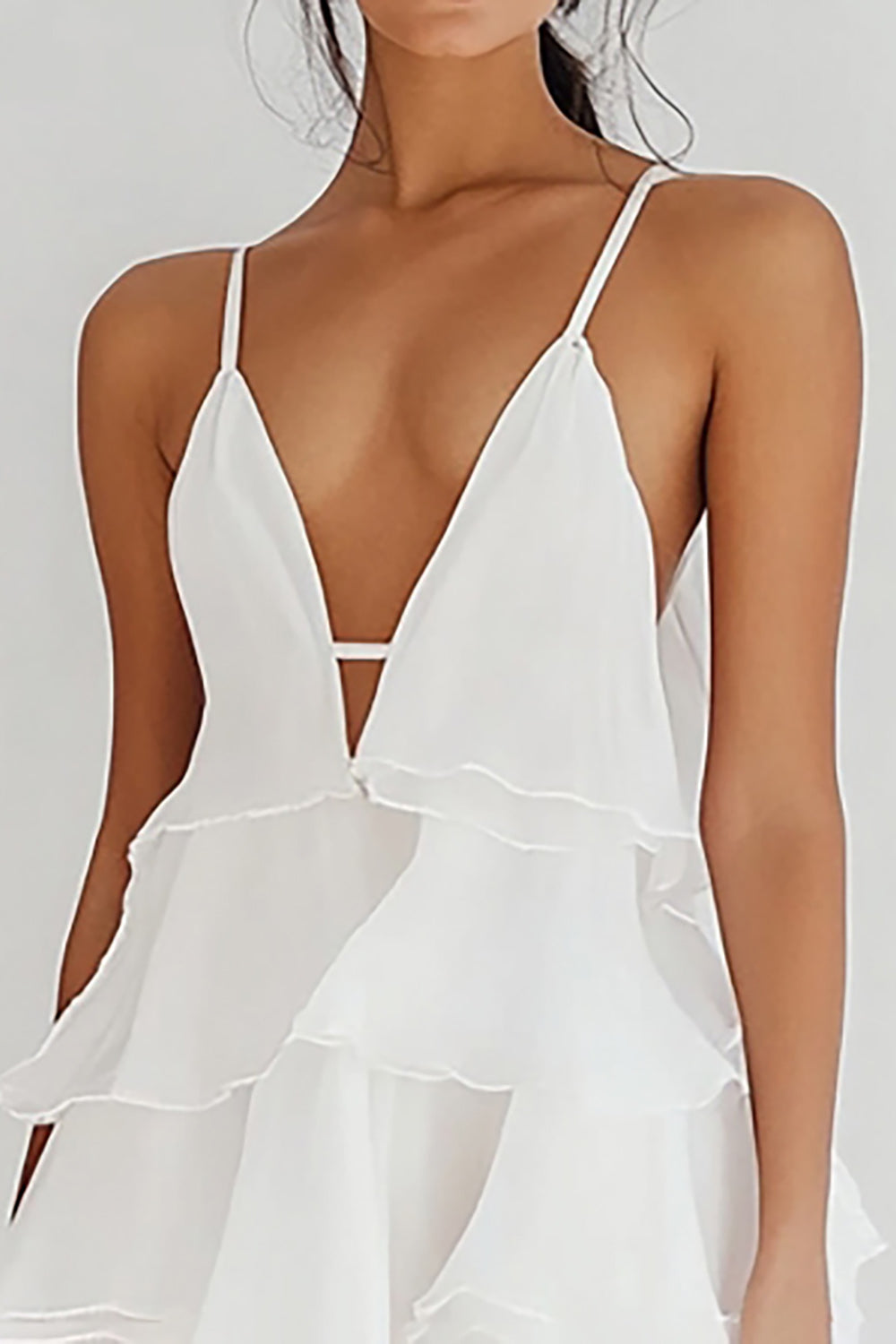 Weißes Gestuftes Kurzes Standesamtkleid aus Chiffon mit Rüschen
