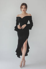 Schwarzes Langärmeliges Ballkleid aus Chiffon mit Rüschen