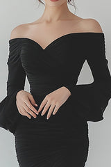 Schwarzes Langärmeliges Ballkleid aus Chiffon mit Rüschen