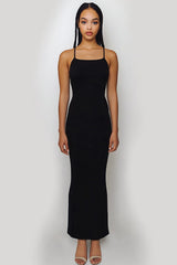 Einfaches Midi Schwarz Krawatte kleid mit Spaghettiträgern