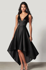 Hoch Niedrig Satin A-Linie V-Ausschnitt Schwarz Krawatten Kleid