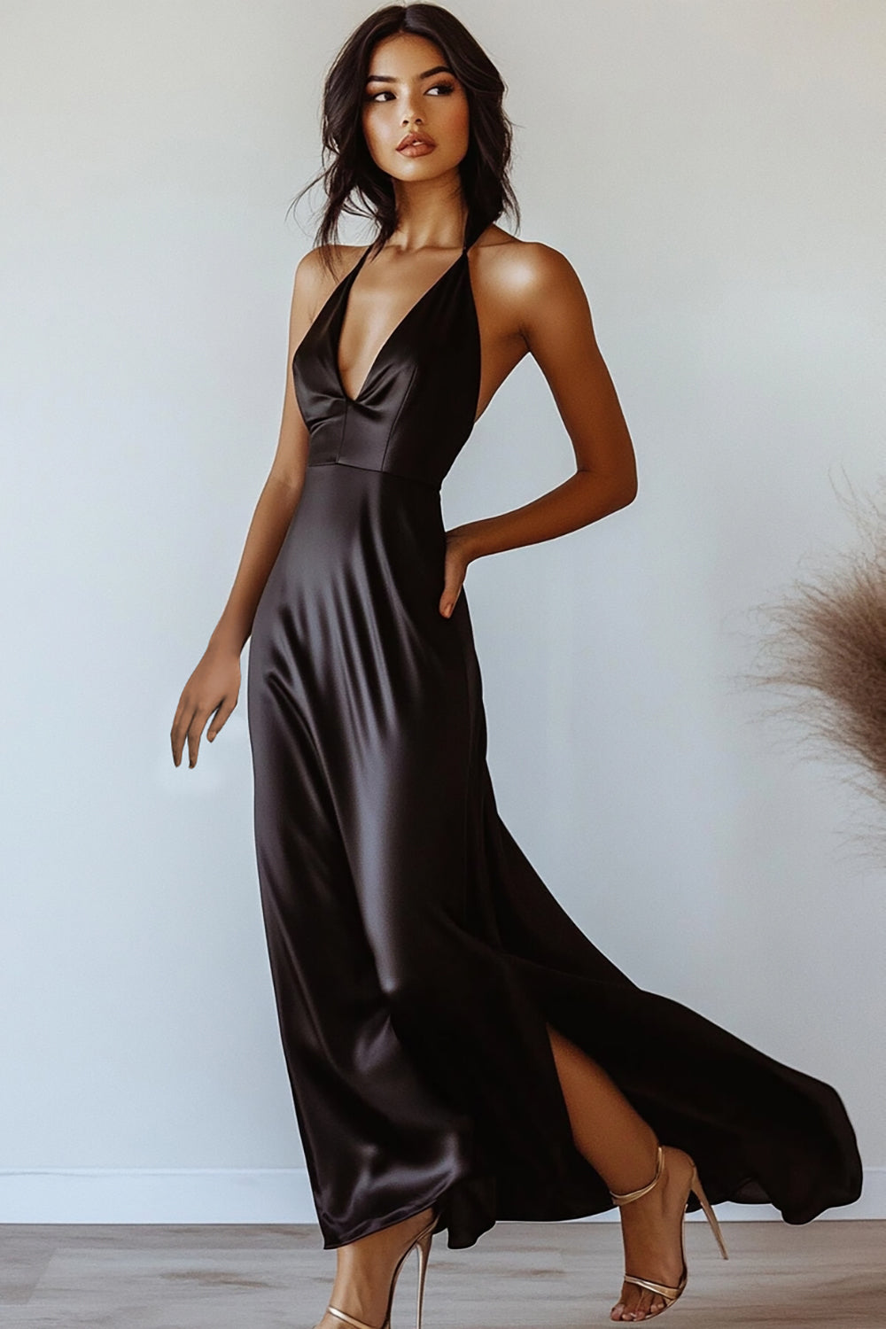 Satin A Linie Neckholder Schwarzes Krawattenkleid mit Schlitz