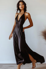 Satin A Linie Neckholder Schwarzes Krawattenkleid mit Schlitz