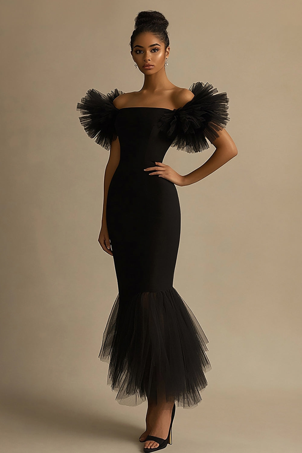 Schwarzes Meerjungfrau Langes Ballkleid mit Rüschen