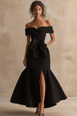 Schwarzes Satin Meerjungfrauen Langes Ballkleid mit Schlitz