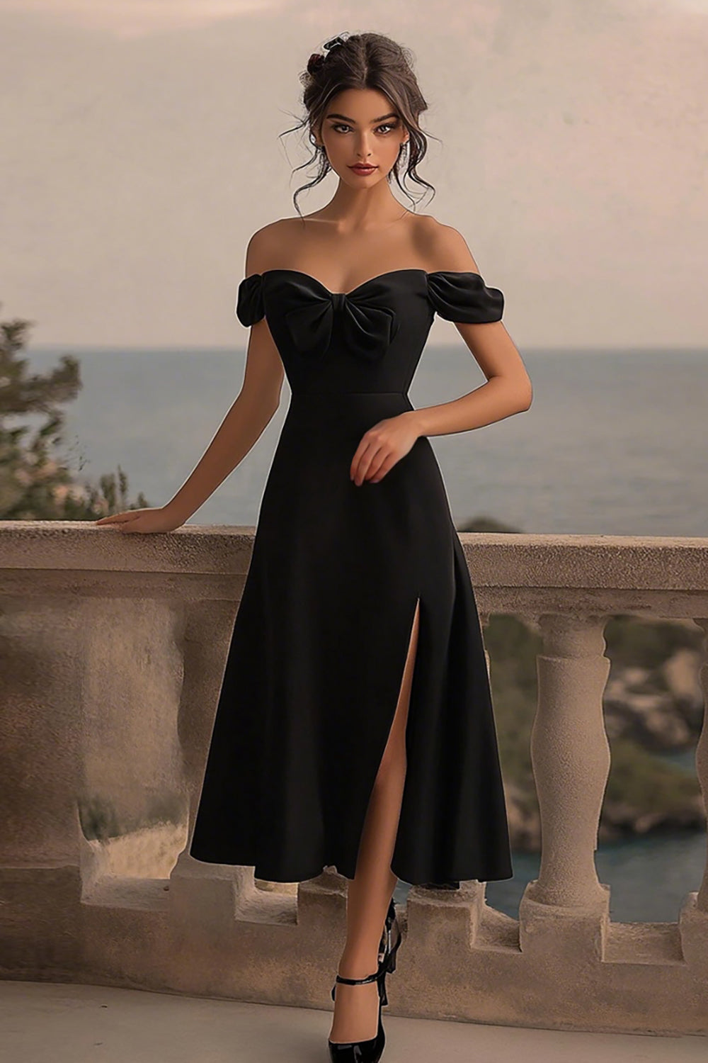 Schwarzes Satin A-Linie Partykleid mit Schlitz