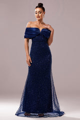 Glitzerndes Schulterfreies Marineblaues Meerjungfrauen Ballkleid