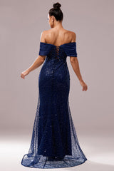 Glitzerndes Schulterfreies Marineblaues Meerjungfrauen Ballkleid