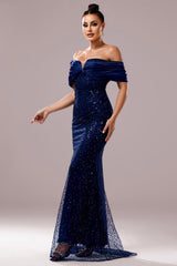 Glitzerndes Schulterfreies Marineblaues Meerjungfrauen Ballkleid