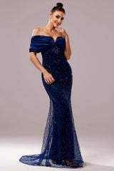 Glitzerndes Schulterfreies Marineblaues Meerjungfrauen Ballkleid