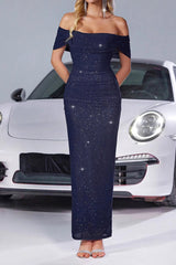 Glitzerndes Schulterfreies Meerjungfrauen Partykleid in Marineblau