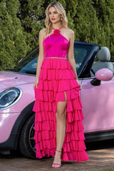 Neckholder Fuchsia A-Linie Gestuftes Partykleid