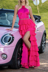 Neckholder Fuchsia A-Linie Gestuftes Partykleid