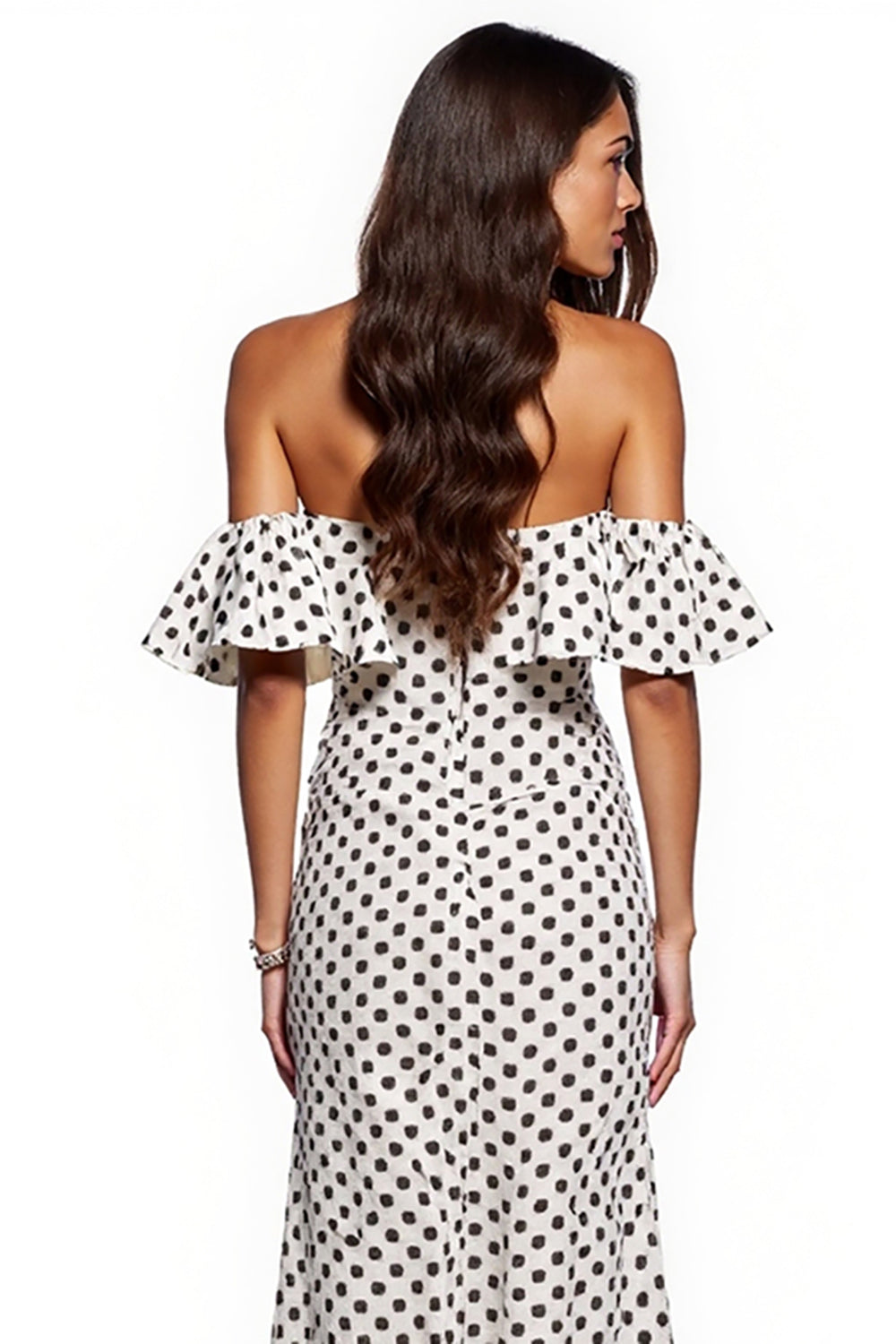 Schulterfreies Weißes Schwarzes Polka Dot Kleid mit Schlitz