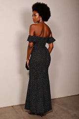 Schwarzes Schulterfreies Ballkleid mit Tupfen und Schlitz