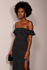Schwarzes Schulterfreies Ballkleid mit Tupfen und Schlitz