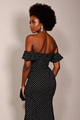 Schwarzes Schulterfreies Ballkleid mit Tupfen und Schlitz