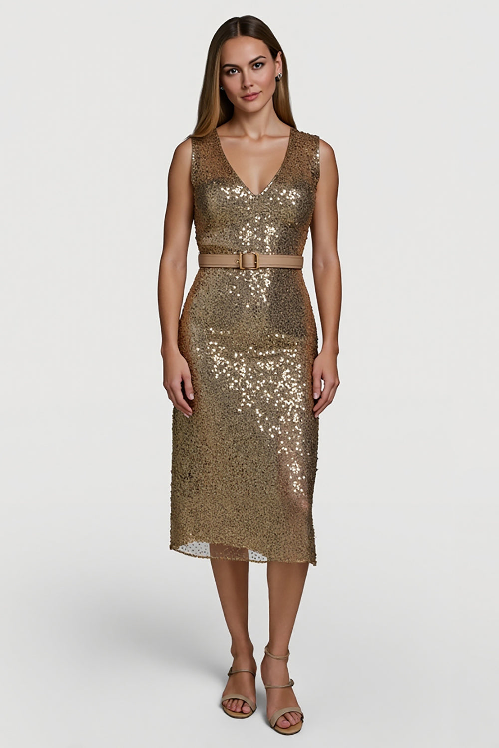 Glitzerndes Goldenes Bodycon Pailletten Festtagskleid mit Gürtel