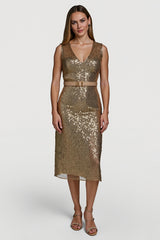 Glitzerndes Goldenes Bodycon Pailletten Festtagskleid mit Gürtel