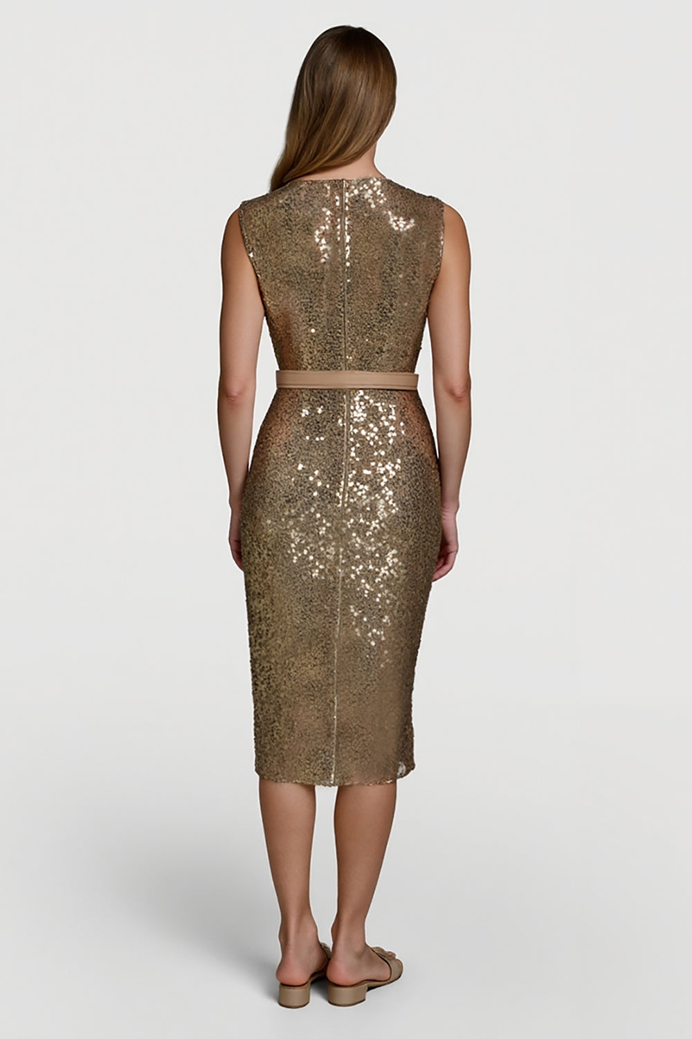 Glitzerndes Goldenes Bodycon Pailletten Festtagskleid mit Gürtel